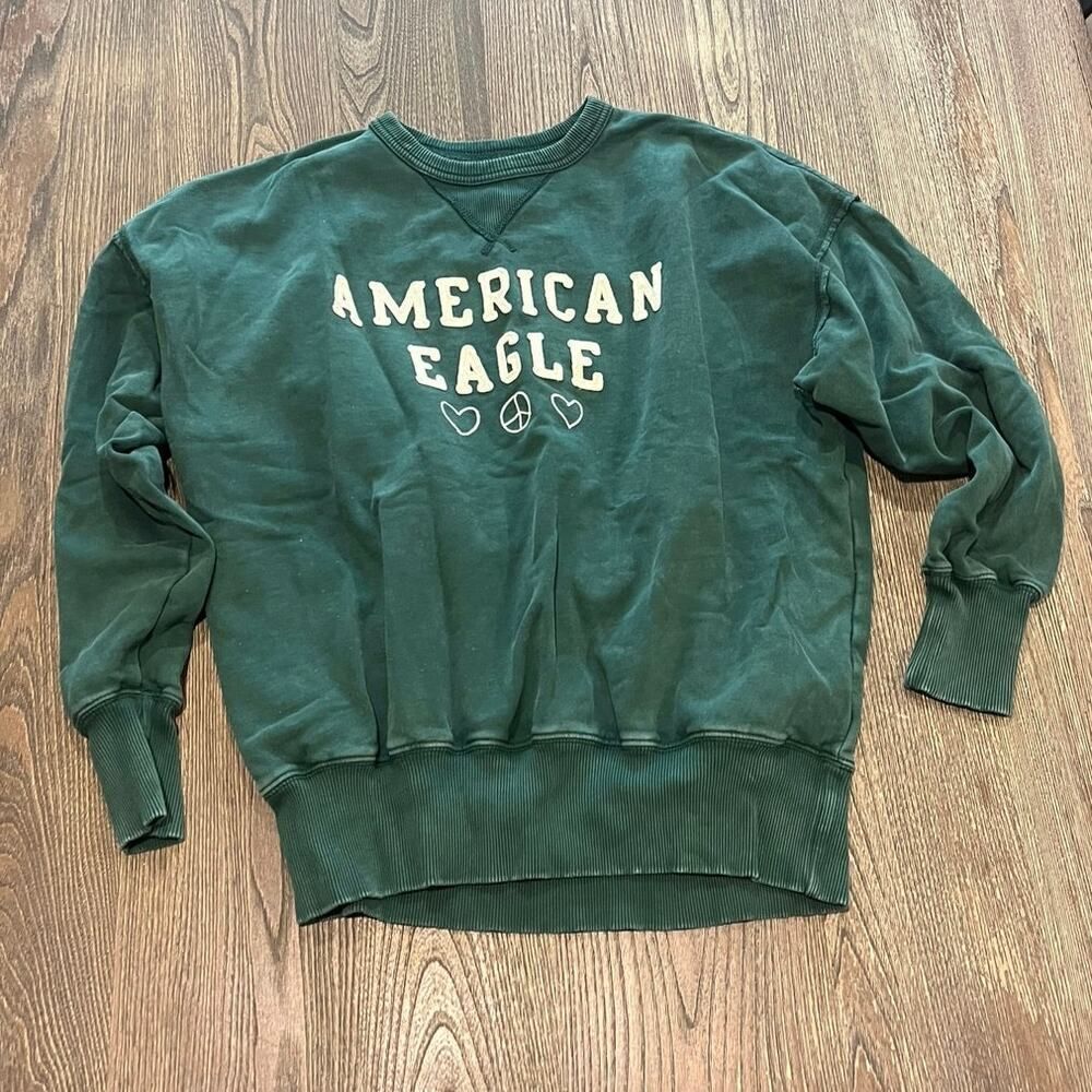 American Eagle AE Oversized Fleece Sweatshirt Crewneck Pullover Green Size XS